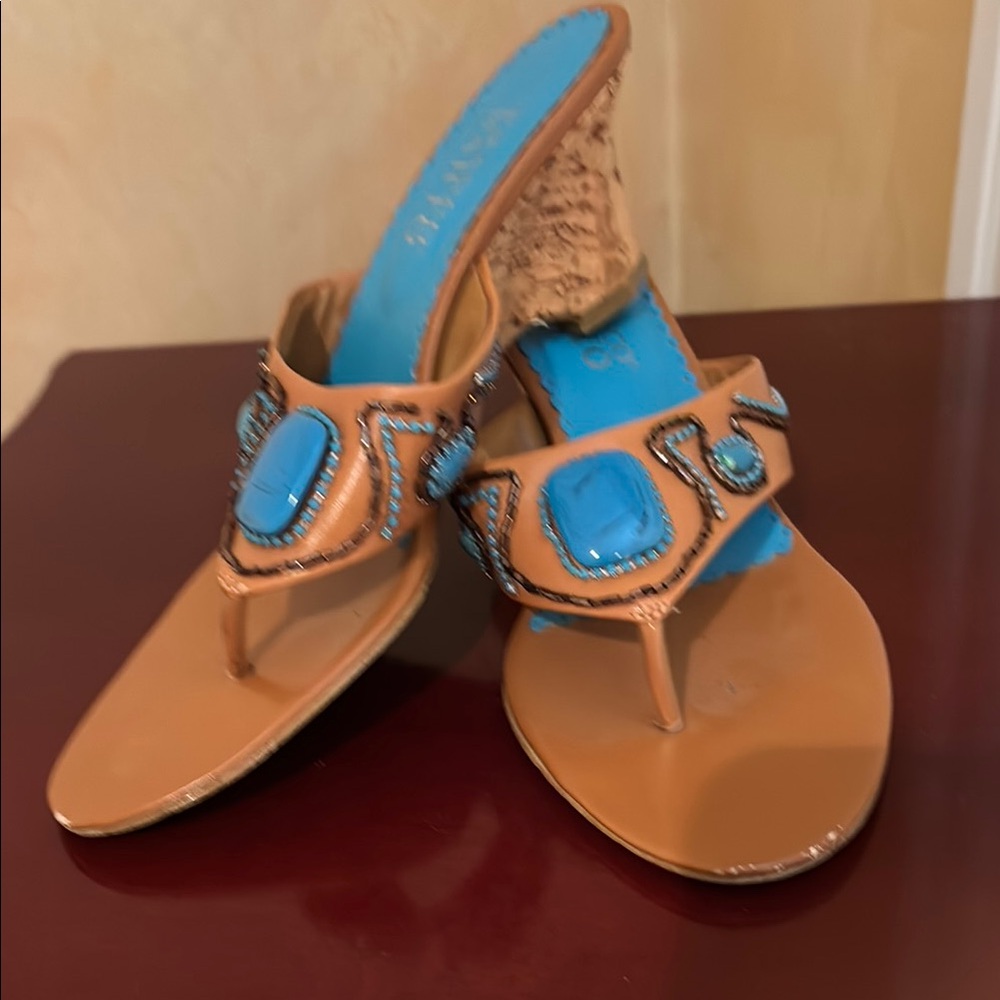 Franco Sarto Tan and Blue Minimalist Sandals